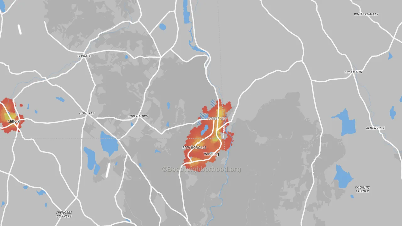 Walk Grade map of Forest City, PA, walkable areas in green and car-dependent areas in red