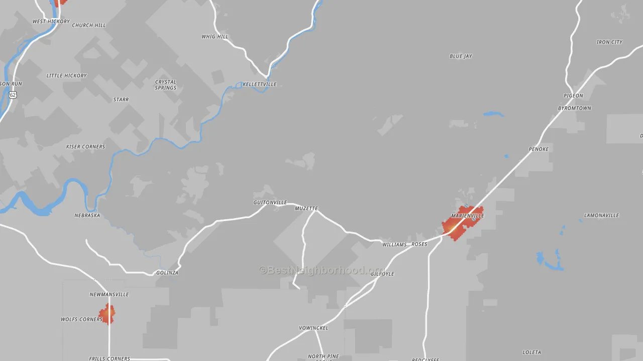 Walk Grade map of Forest County, PA, walkable areas in green and car-dependent areas in red