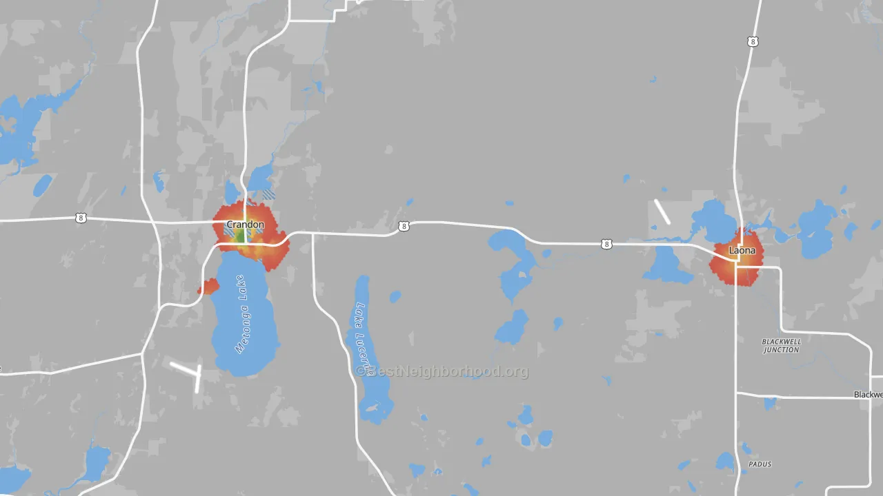 Walk Grade map of Forest County, WI, walkable areas in green and car-dependent areas in red