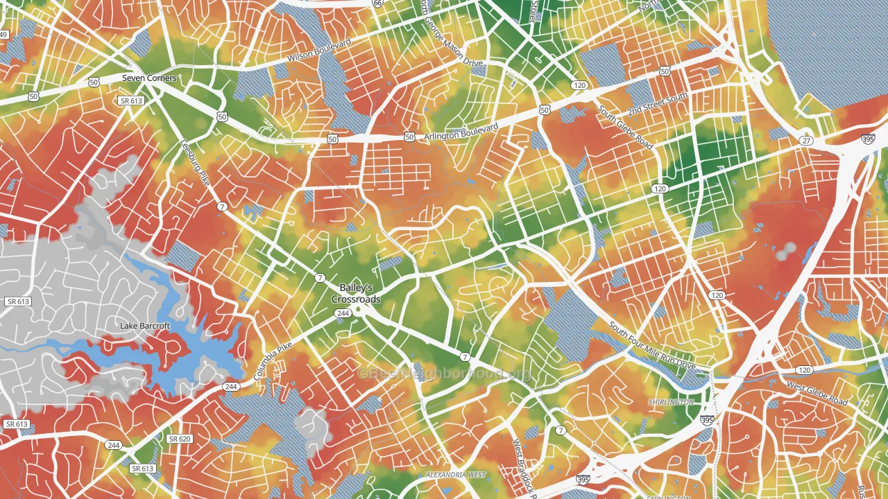 Walk Grade map of Forest Glen, Arlington, VA, walkable areas in green and car-dependent areas in red