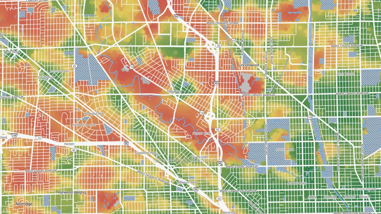 Walk Grade map of Forest Glen, Chicago, IL, walkable areas in green and car-dependent areas in red