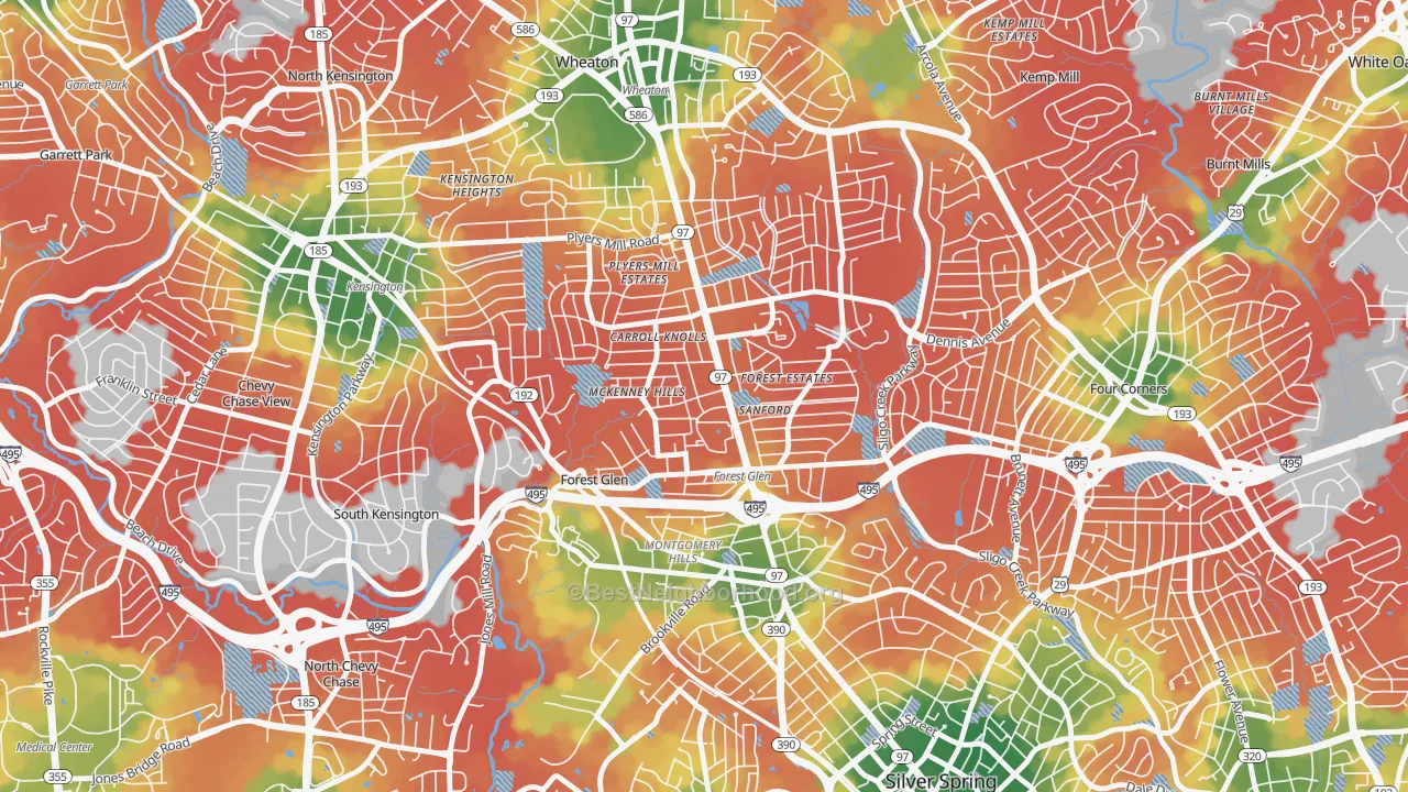 Walk Grade map of Forest Glen, Silver Spring, MD, walkable areas in green and car-dependent areas in red