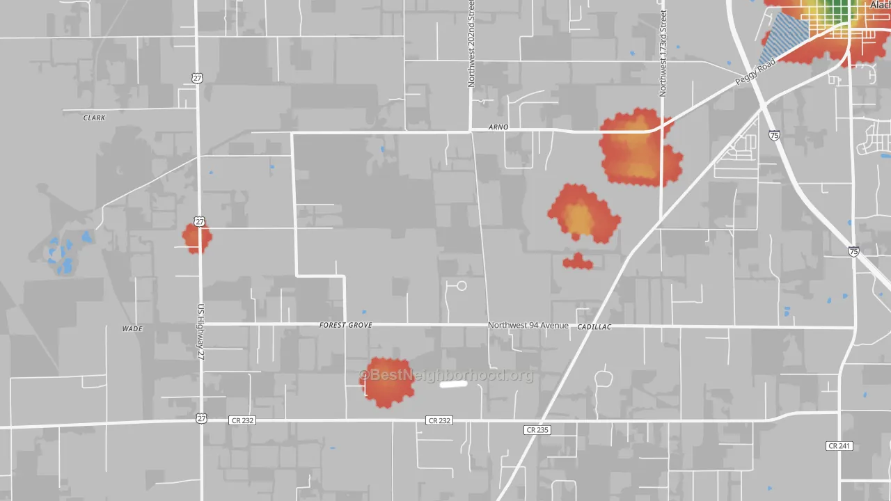 Walk Grade map of Forest Grove, FL, walkable areas in green and car-dependent areas in red
