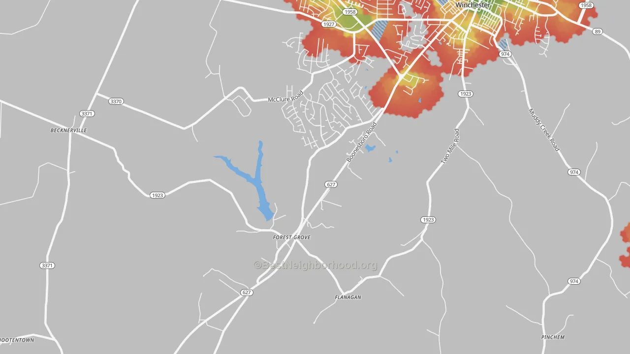 Walk Grade map of Forest Grove, KY, walkable areas in green and car-dependent areas in red