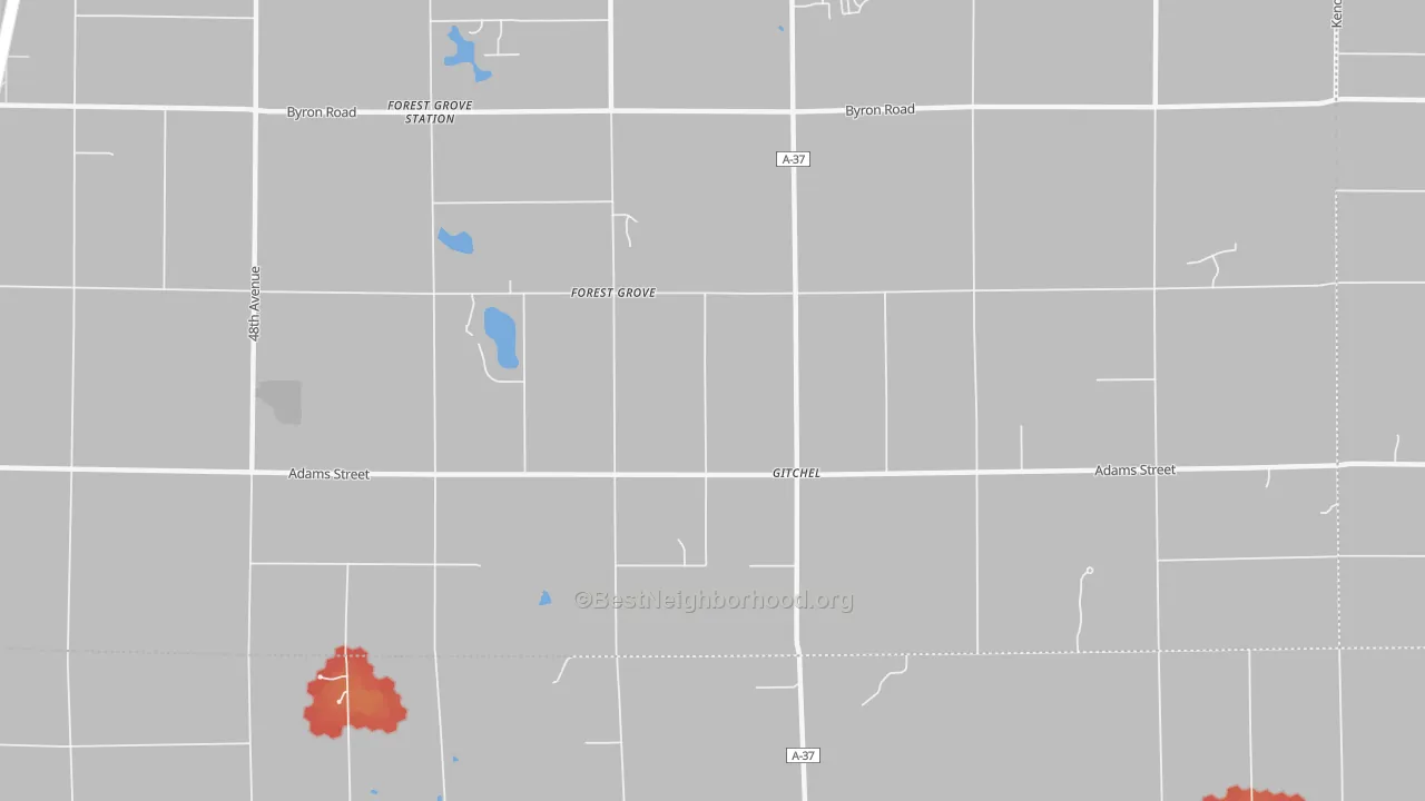 Walk Grade map of Forest Grove, MI, walkable areas in green and car-dependent areas in red