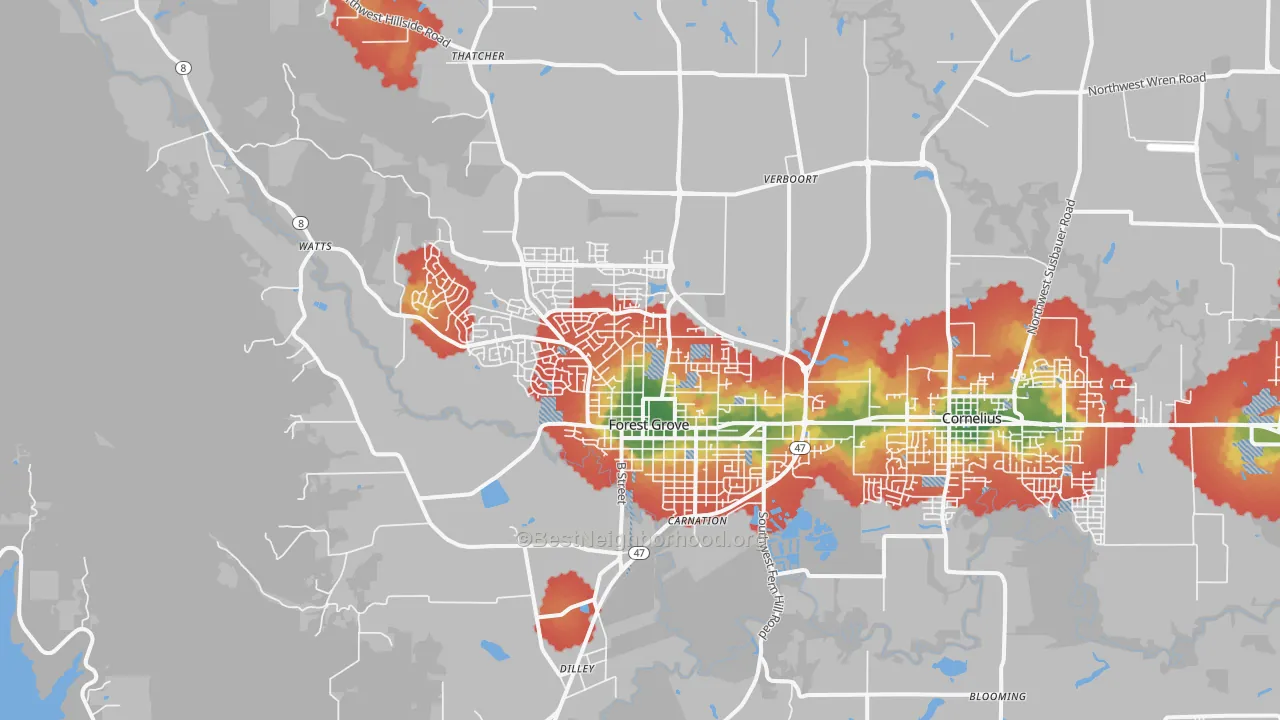 Walk Grade map of Forest Grove, OR, walkable areas in green and car-dependent areas in red
