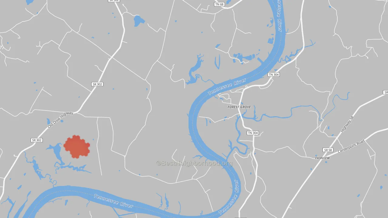 Walk Grade map of Forest Grove, TN, walkable areas in green and car-dependent areas in red