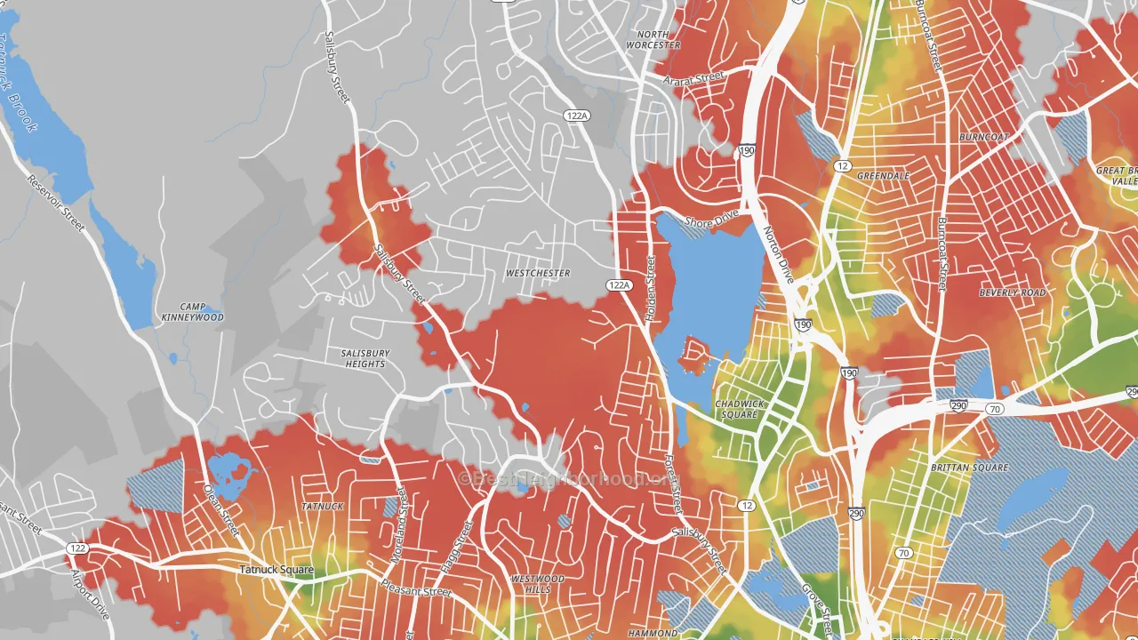 Walk Grade map of Forest Grove, Worcester, MA, walkable areas in green and car-dependent areas in red
