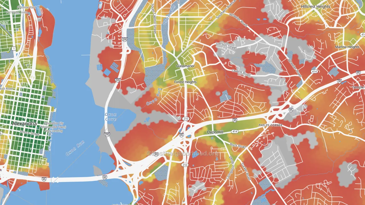 Walk Grade map of Forest Heights, MD, walkable areas in green and car-dependent areas in red