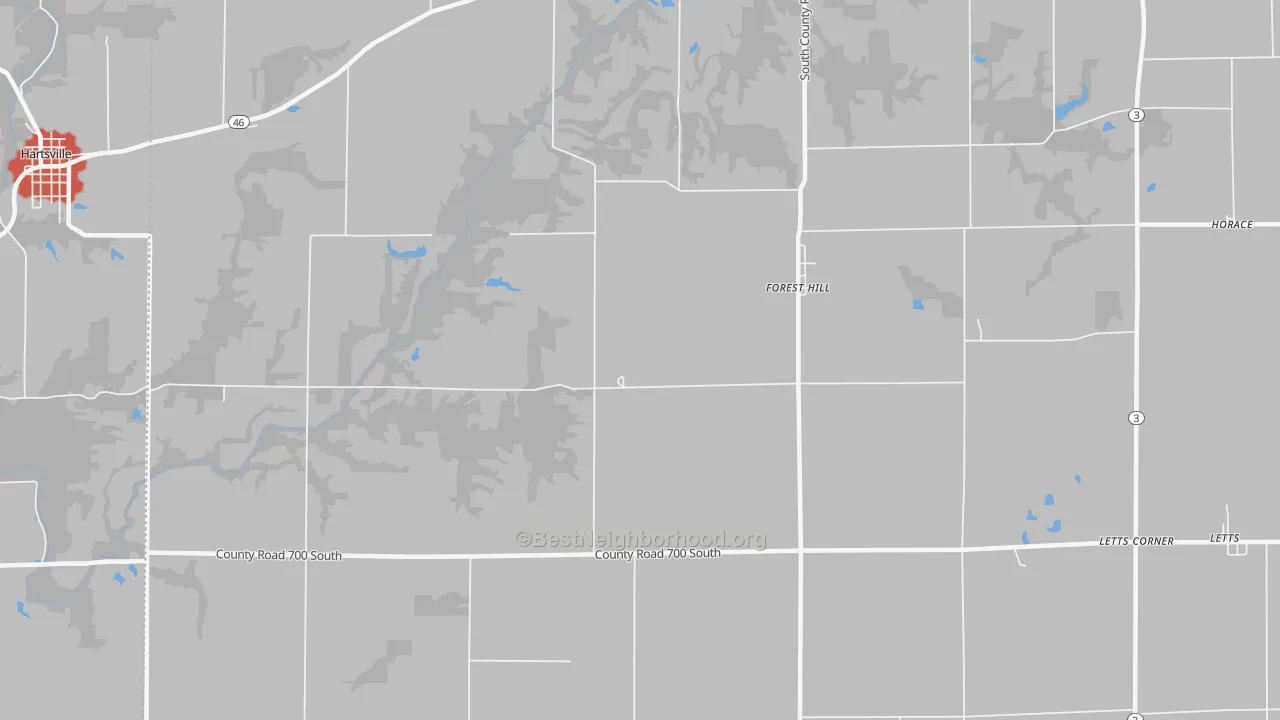Walk Grade map of Forest Hill, IN, walkable areas in green and car-dependent areas in red