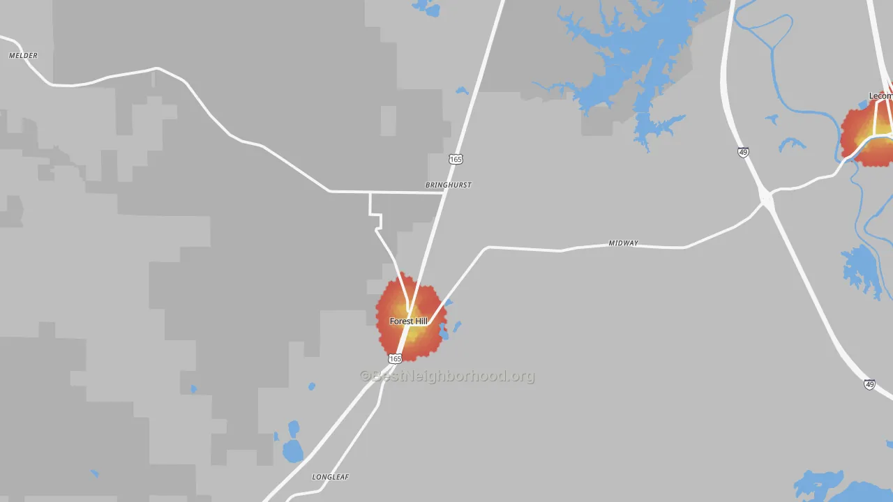 Walk Grade map of Forest Hill, LA, walkable areas in green and car-dependent areas in red