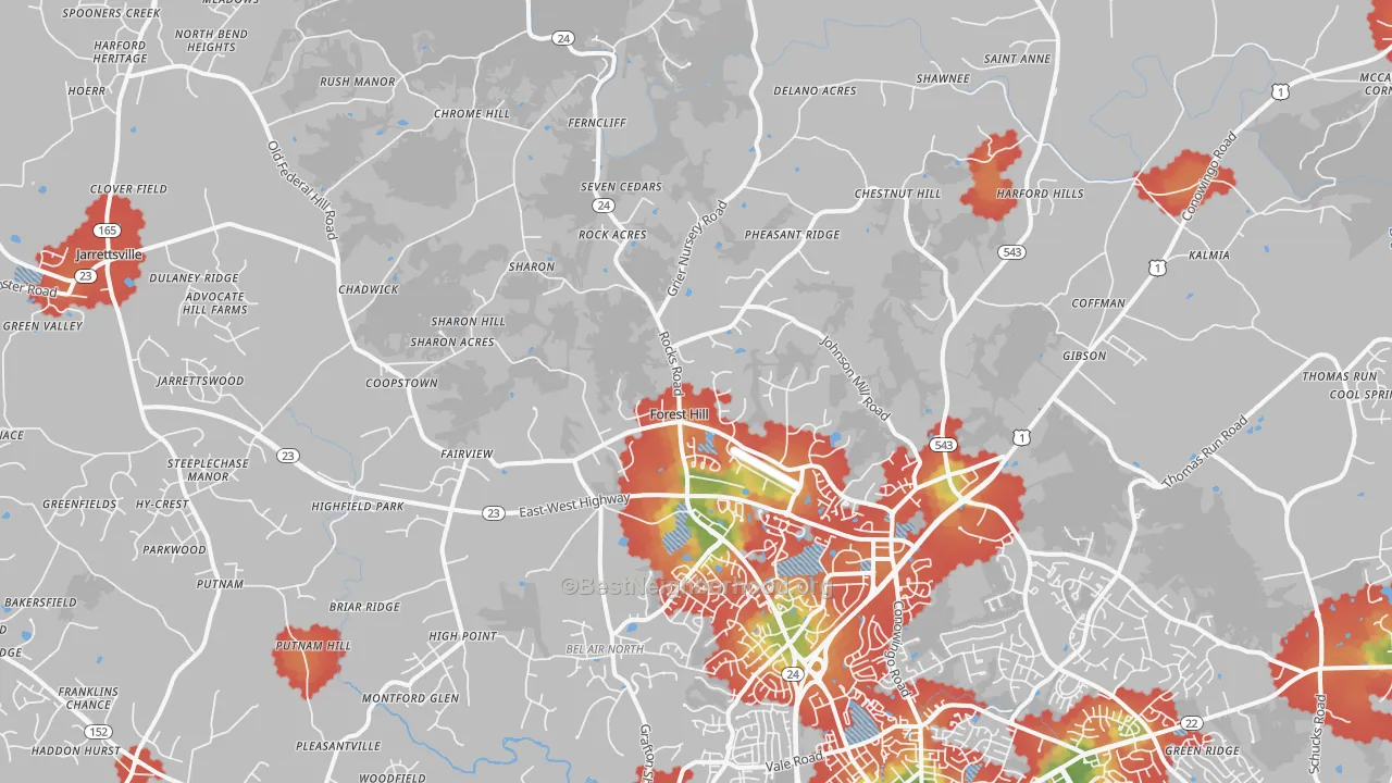 Walk Grade map of Forest Hill, MD, walkable areas in green and car-dependent areas in red