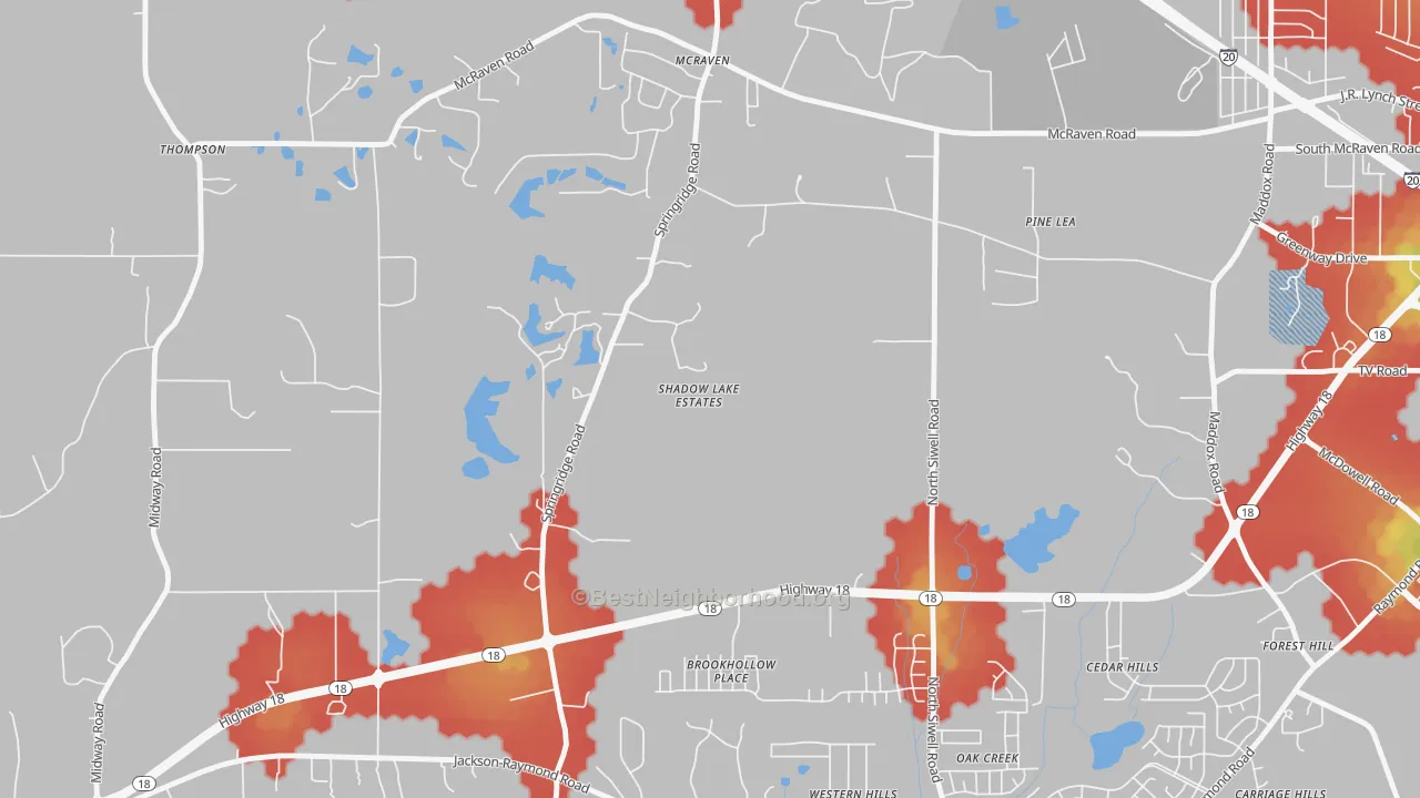 Walk Grade map of Forest Hill, MS, walkable areas in green and car-dependent areas in red