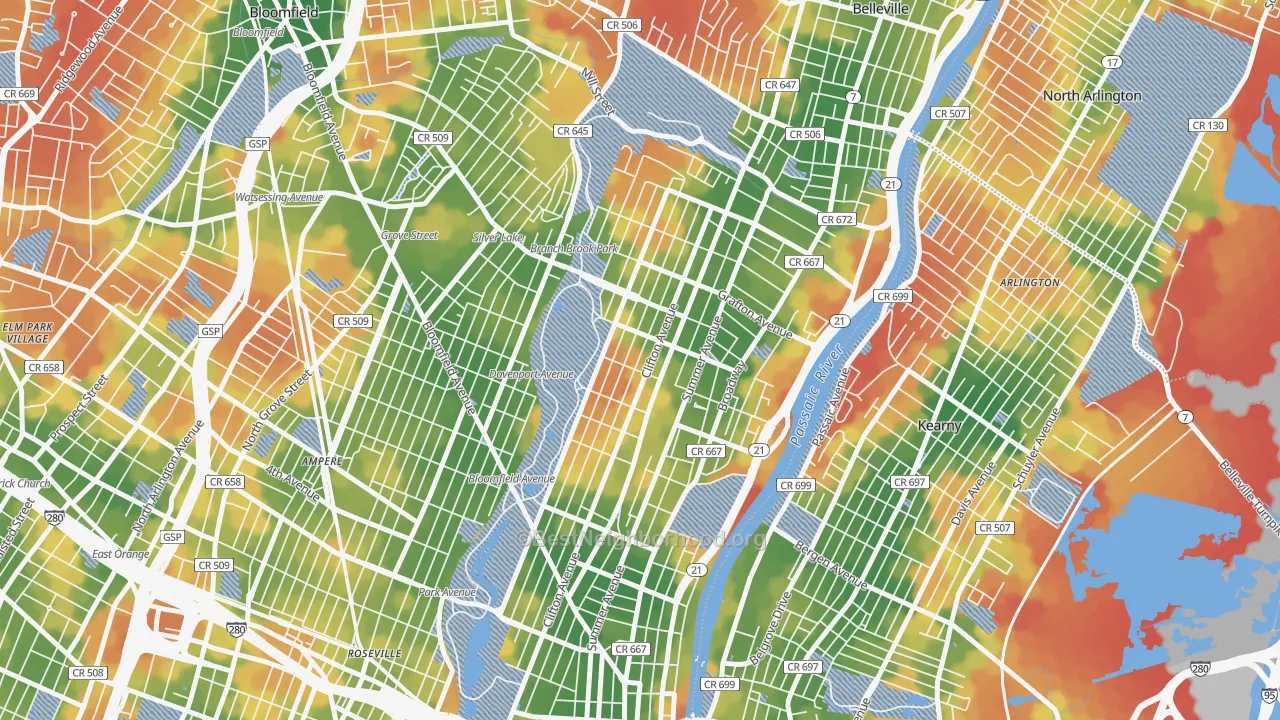 Walk Grade map of Forest Hill, Newark, NJ, walkable areas in green and car-dependent areas in red