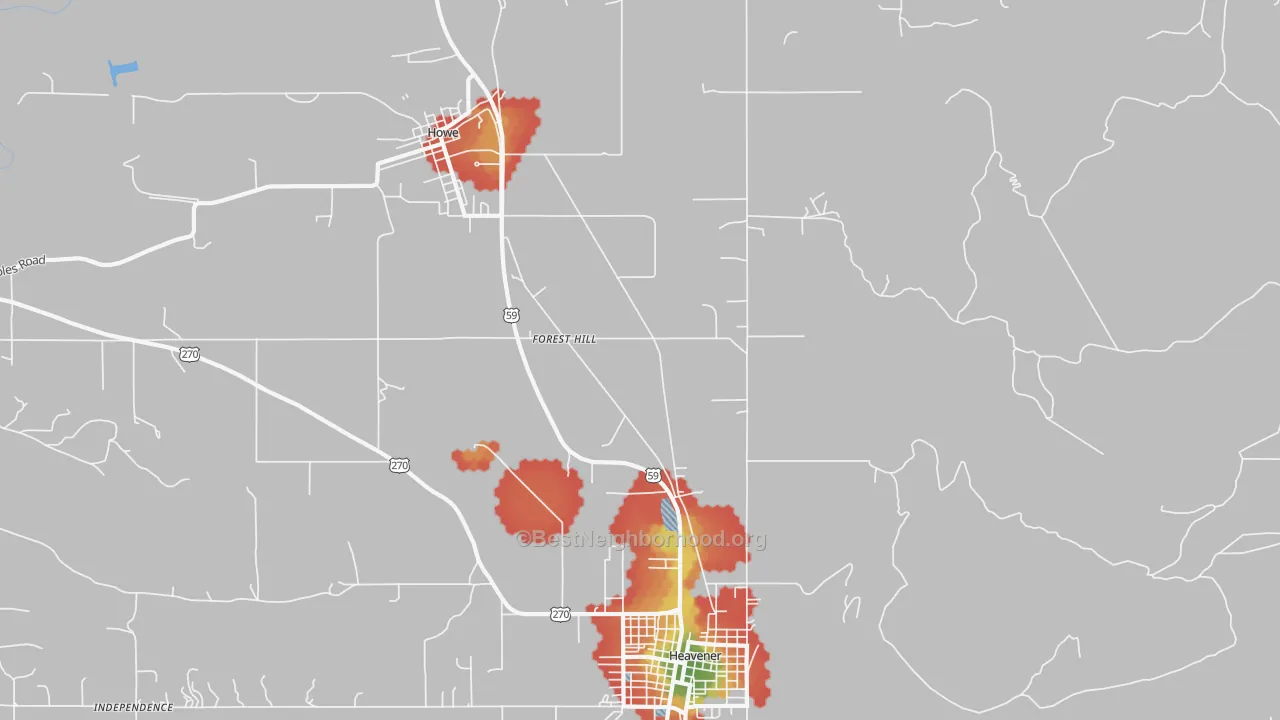 Walk Grade map of Forest Hill, OK, walkable areas in green and car-dependent areas in red