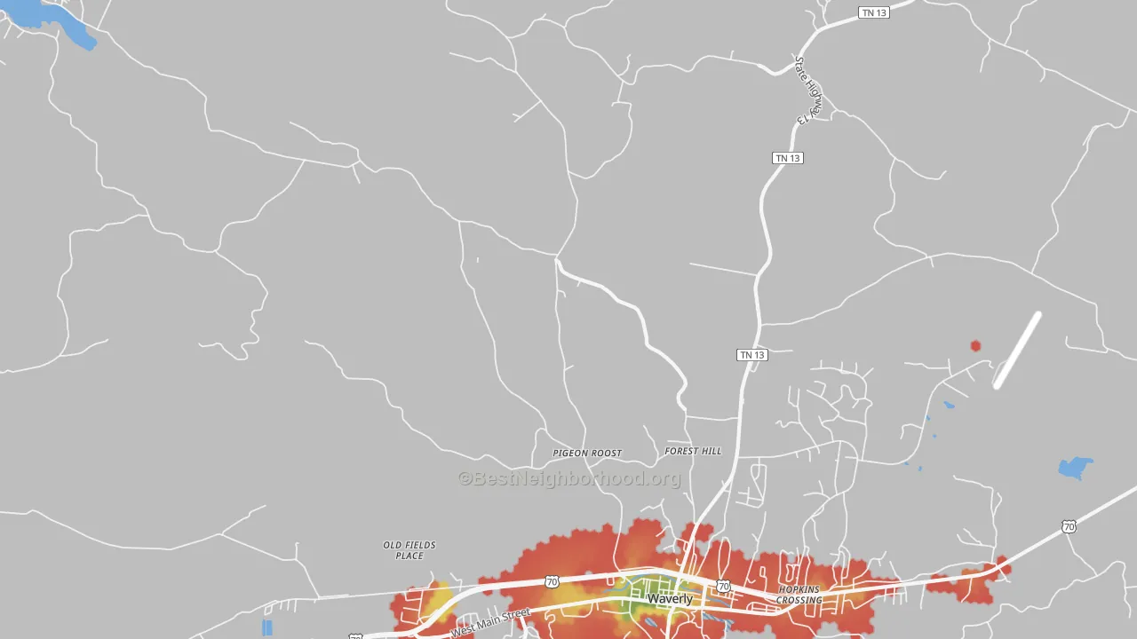 Walk Grade map of Forest Hill, TN, walkable areas in green and car-dependent areas in red