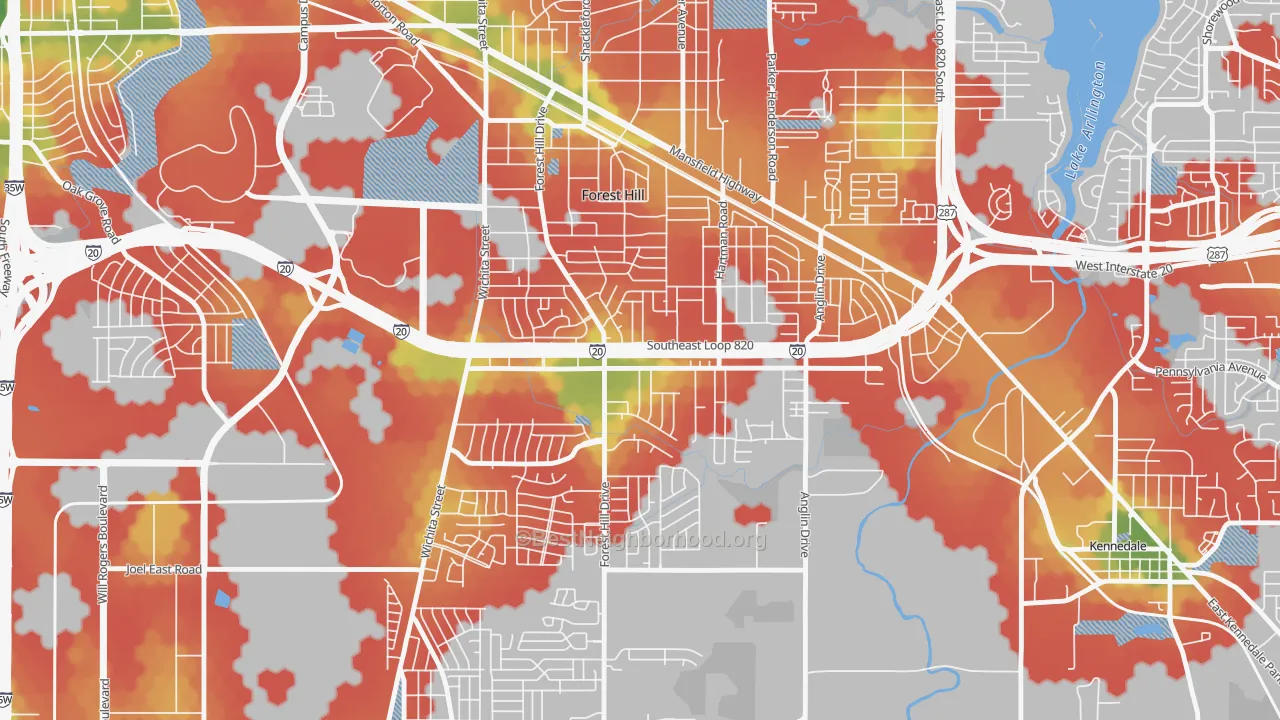 Walk Grade map of Forest Hill, TX, walkable areas in green and car-dependent areas in red