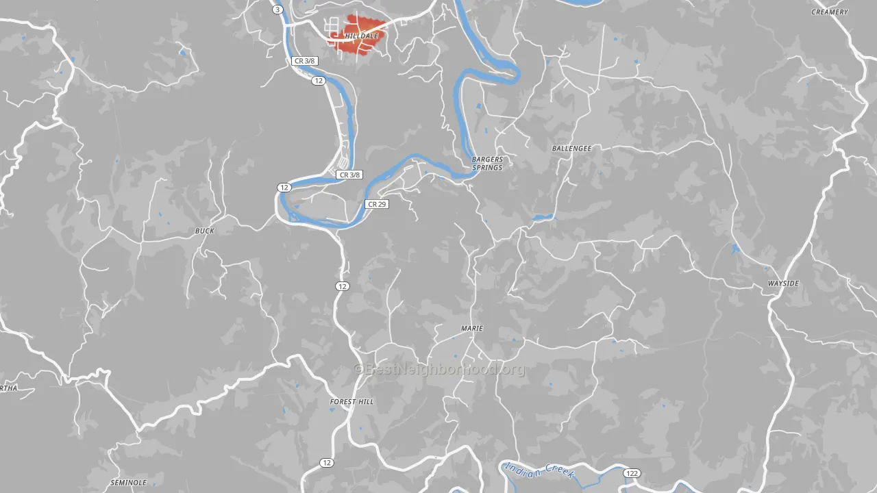 Walk Grade map of Forest Hill, WV, walkable areas in green and car-dependent areas in red