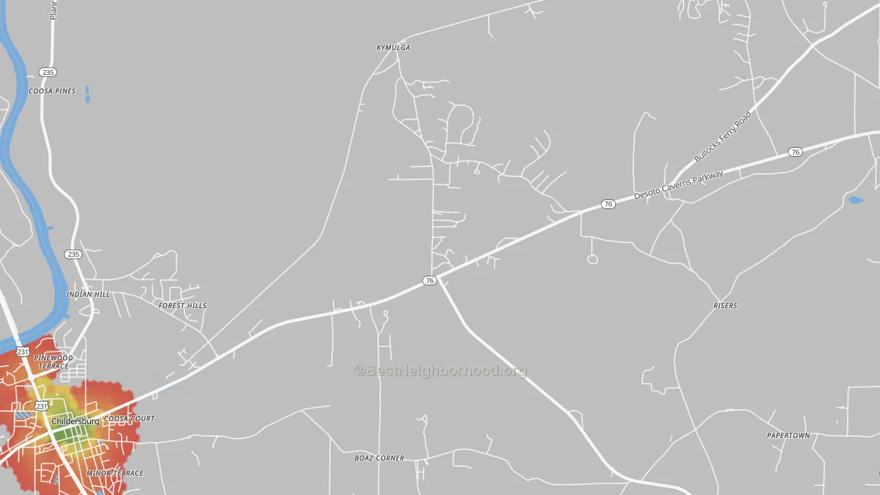 Walk Grade map of Forest Hills, AL, walkable areas in green and car-dependent areas in red