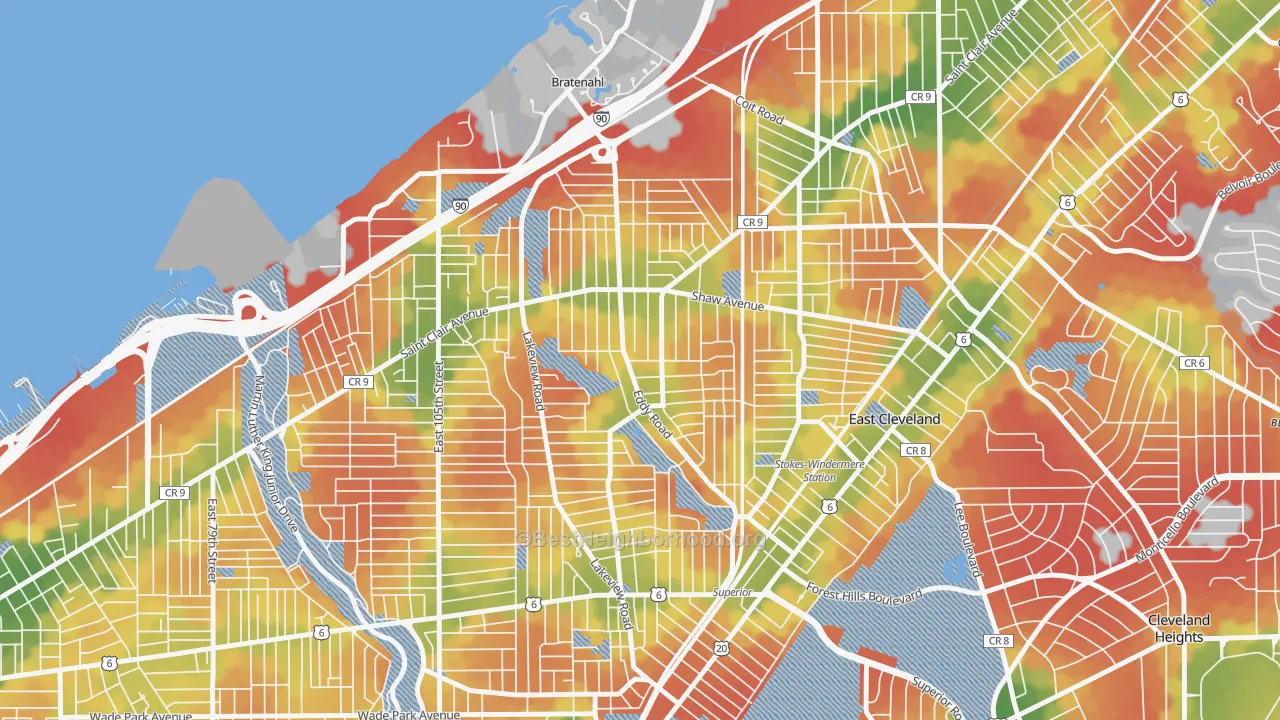 Walk Grade map of Forest Hills, Cleveland, OH, walkable areas in green and car-dependent areas in red