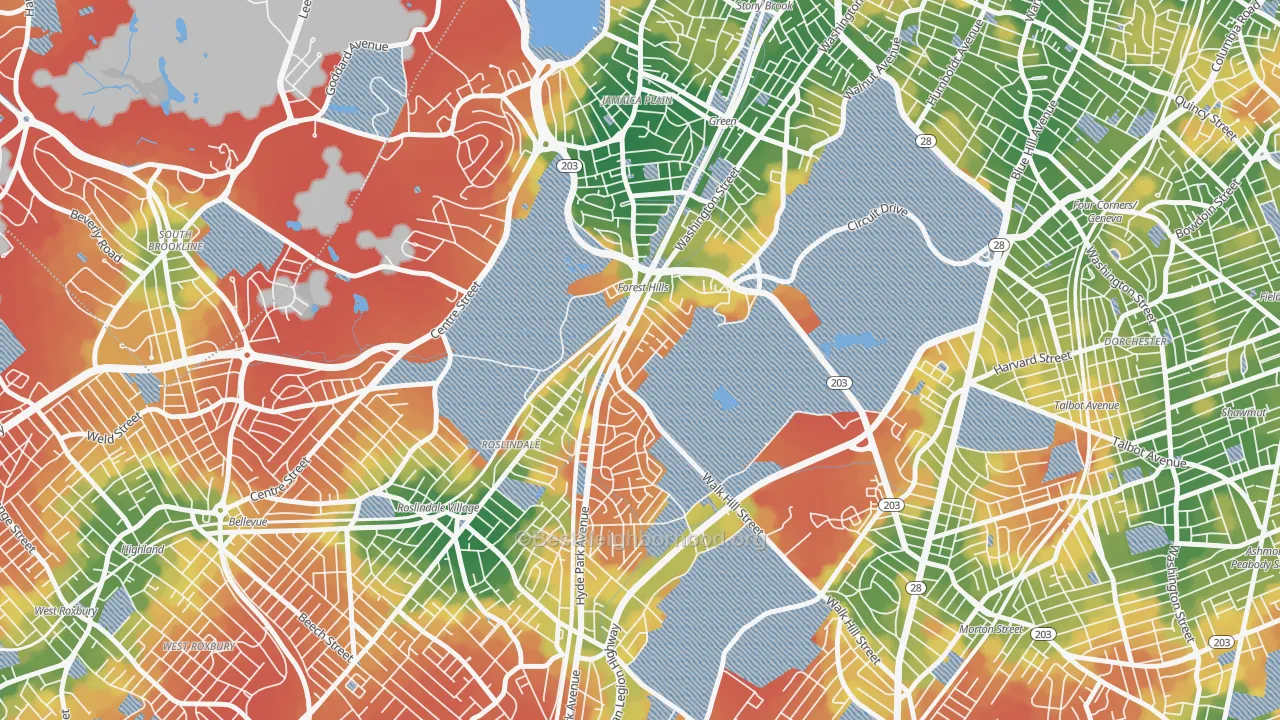 Walk Grade map of Forest Hills, Jamaica Plain, MA, walkable areas in green and car-dependent areas in red