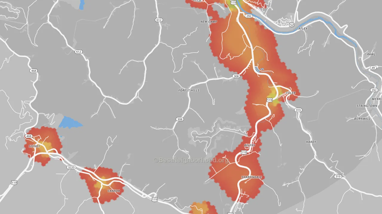Walk Grade map of Forest Hills, KY, walkable areas in green and car-dependent areas in red