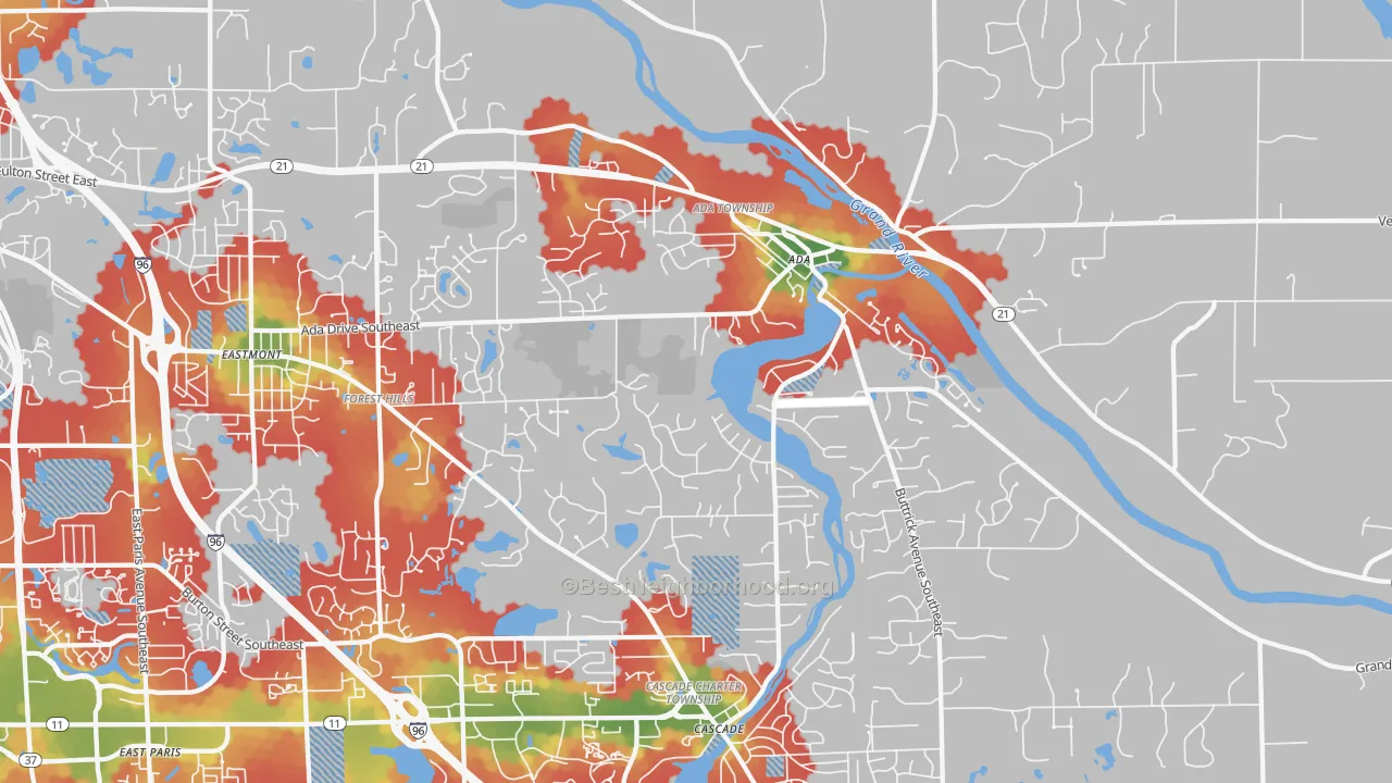 Walk Grade map of Forest Hills, MI, walkable areas in green and car-dependent areas in red