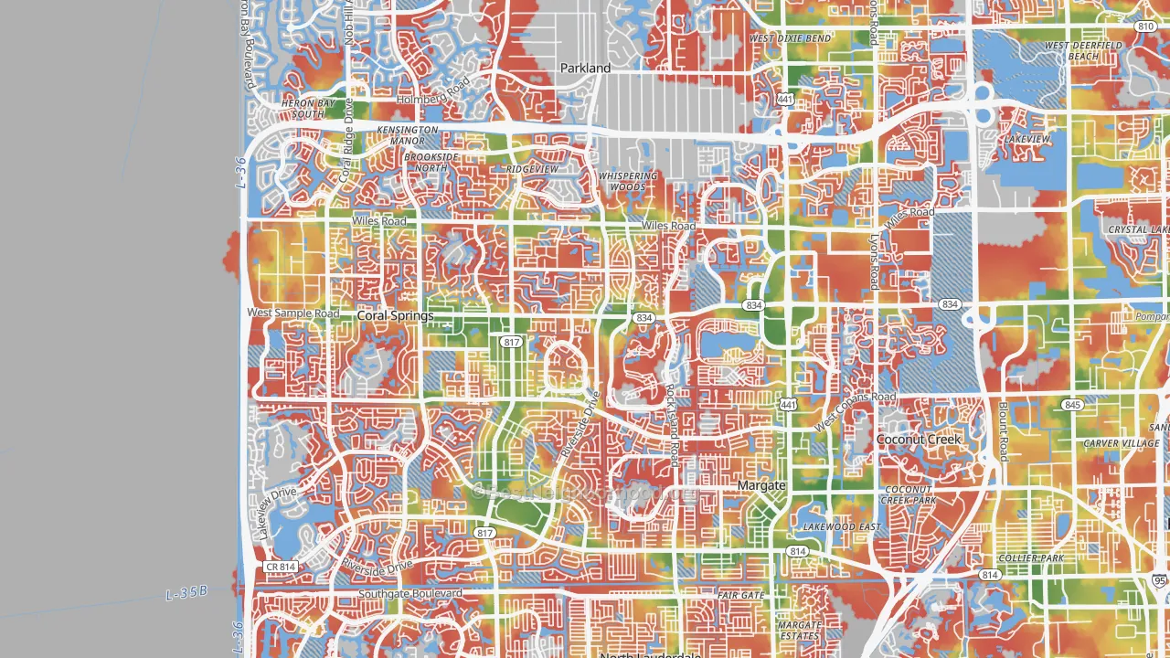 Walk Grade map of Forest Hills-Miami, Coral Springs, FL, walkable areas in green and car-dependent areas in red