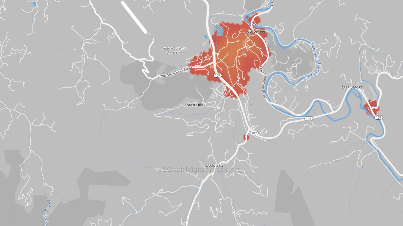 Walk Grade map of Forest Hills, NC, walkable areas in green and car-dependent areas in red