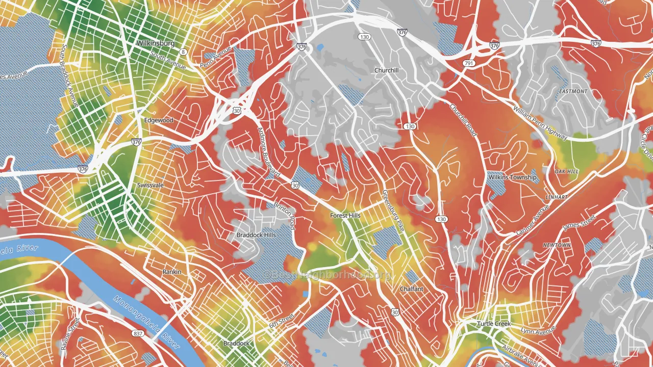 Walk Grade map of Forest Hills, PA, walkable areas in green and car-dependent areas in red