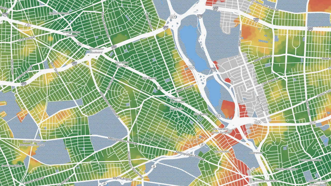 Walk Grade map of Forest Hills, Queens, NY, walkable areas in green and car-dependent areas in red