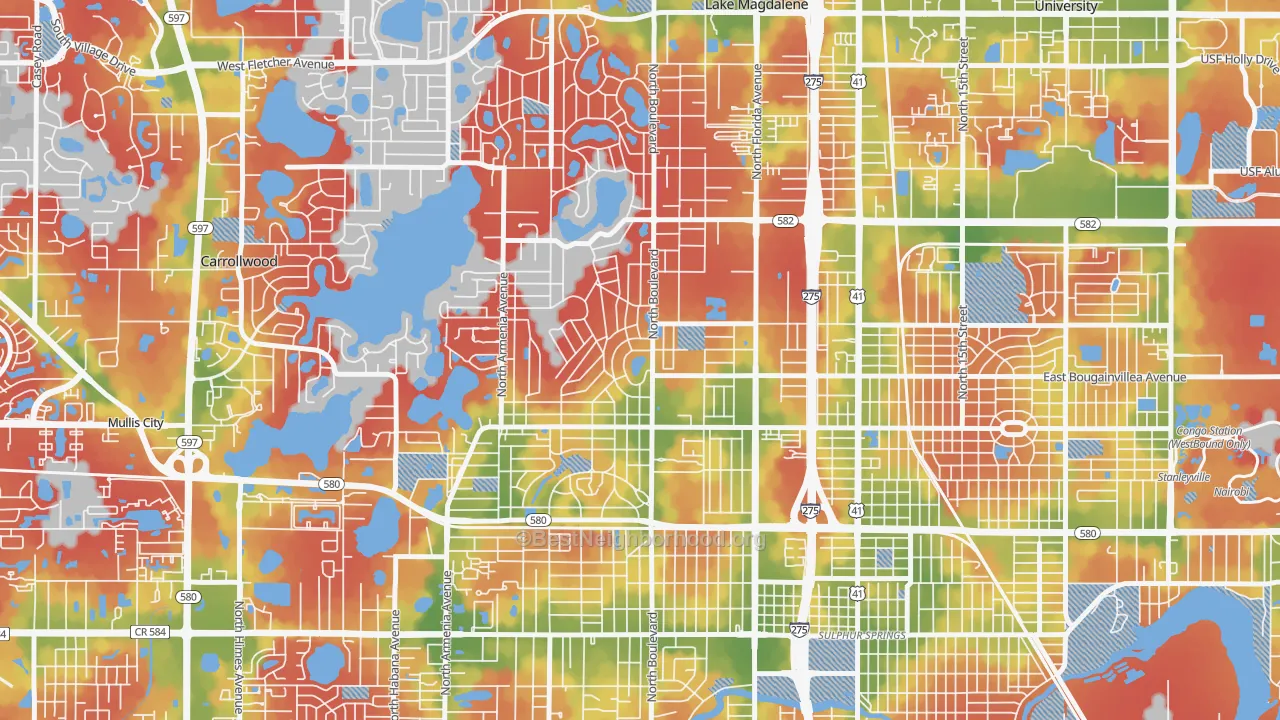 Walk Grade map of Forest Hills, Tampa, FL, walkable areas in green and car-dependent areas in red