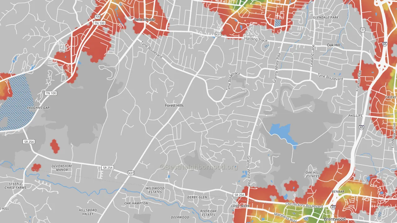 Walk Grade map of Forest Hills, TN, walkable areas in green and car-dependent areas in red