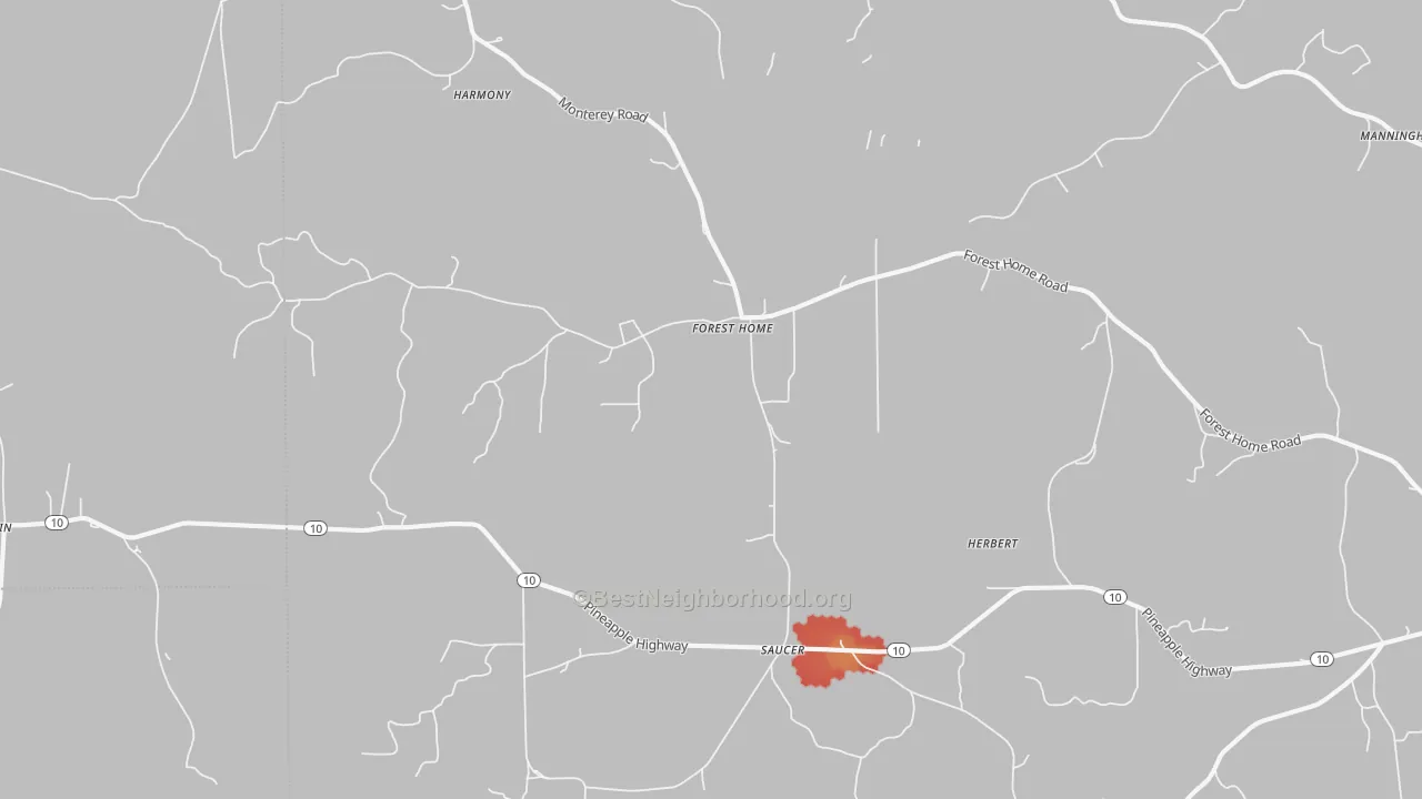 Walk Grade map of Forest Home, AL, walkable areas in green and car-dependent areas in red