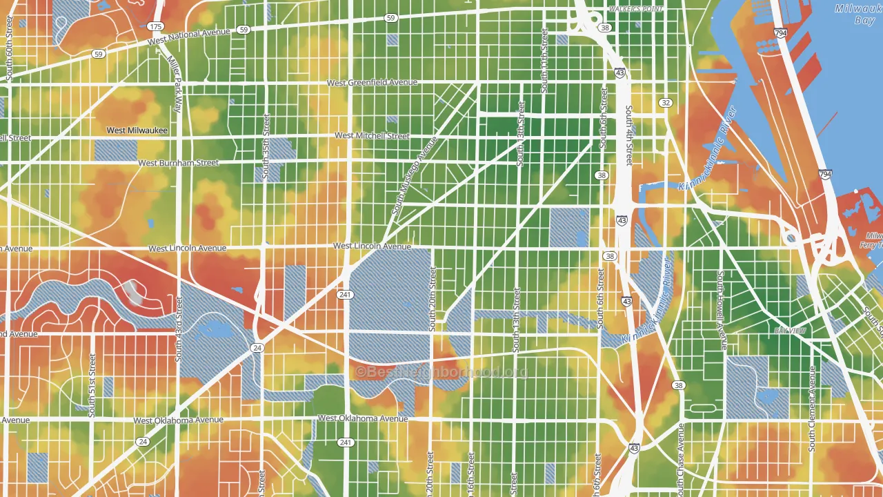 Walk Grade map of Forest Home Hills, Milwaukee, WI, walkable areas in green and car-dependent areas in red