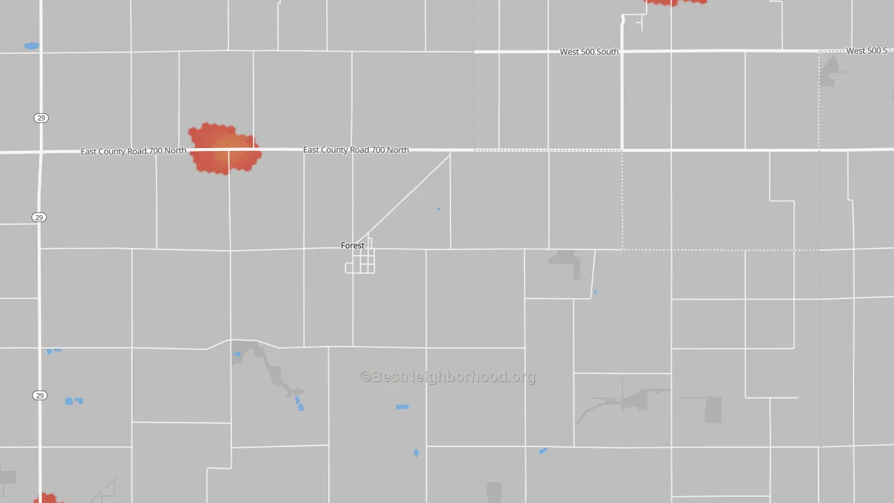Walk Grade map of Forest, IN, walkable areas in green and car-dependent areas in red