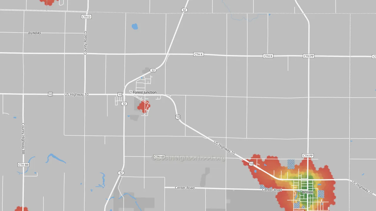 Walk Grade map of Forest Junction, WI, walkable areas in green and car-dependent areas in red