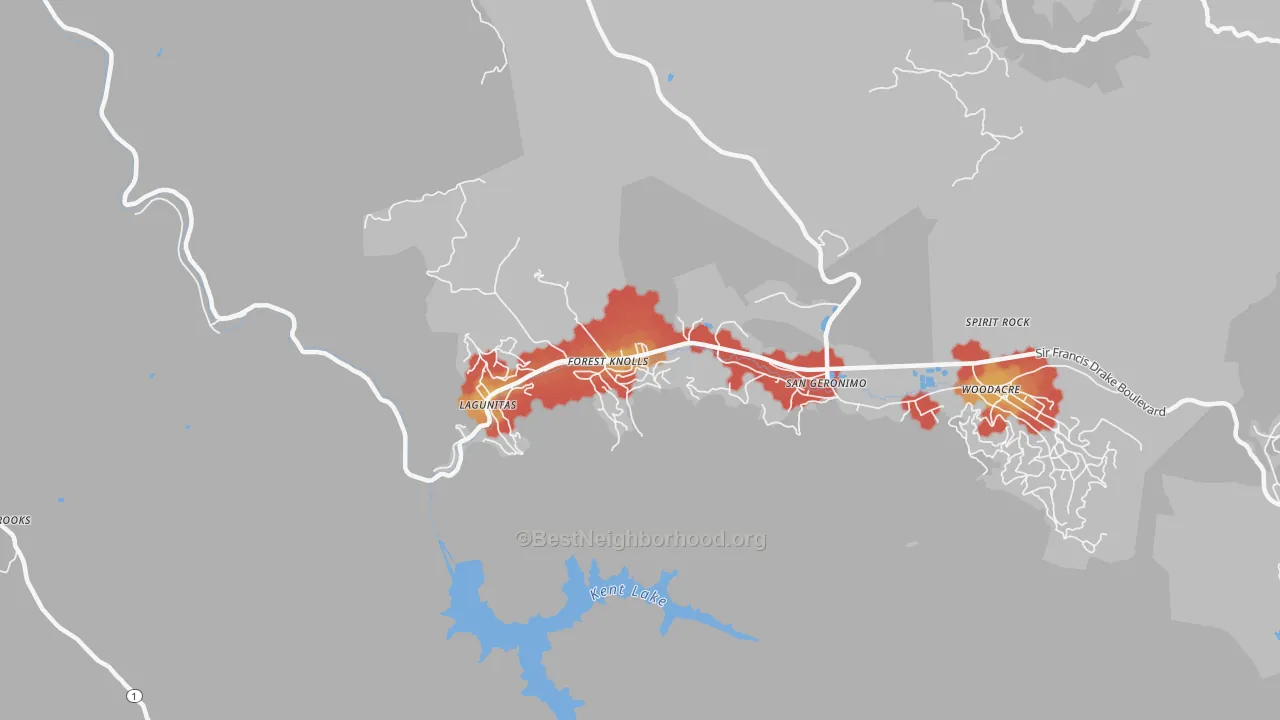 Walk Grade map of Forest Knolls, CA, walkable areas in green and car-dependent areas in red