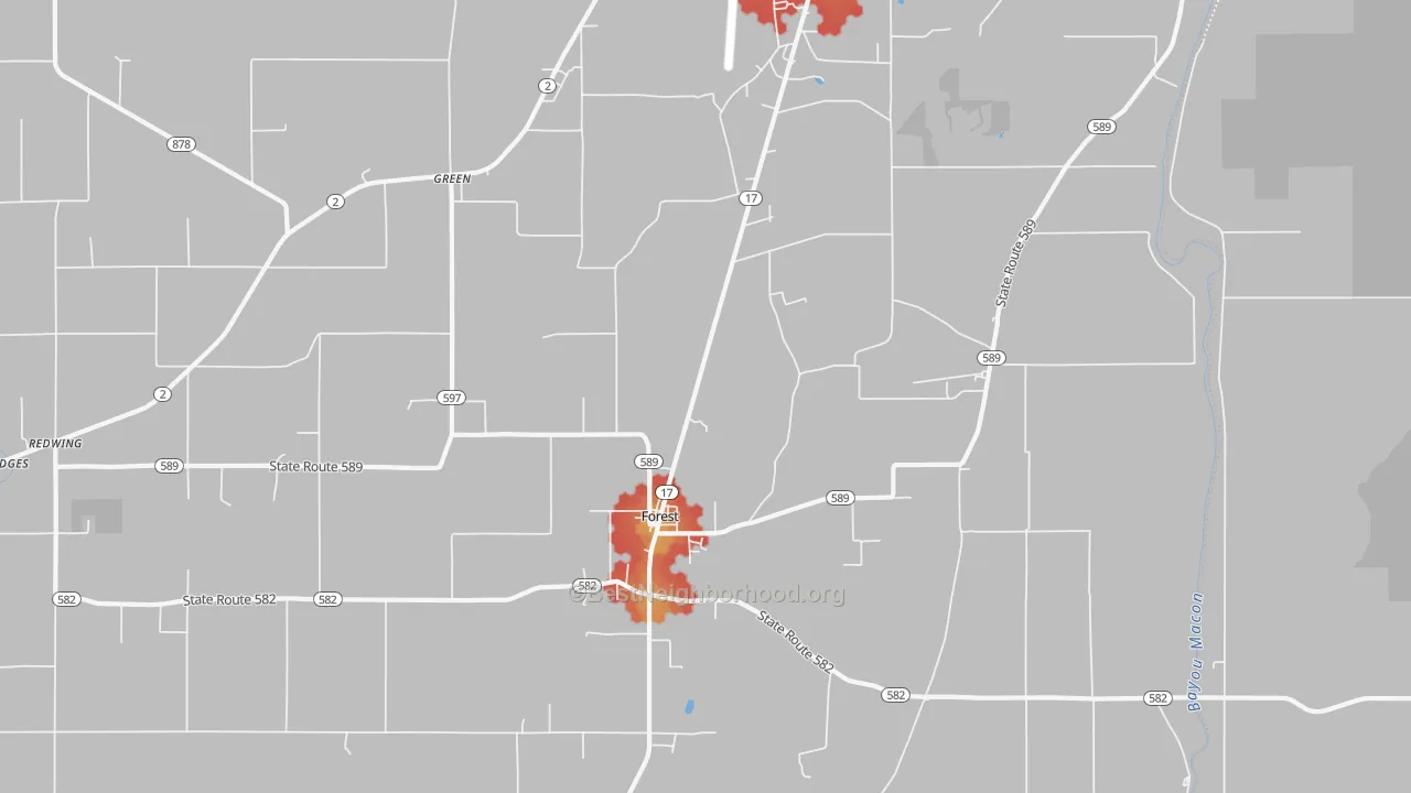 Walk Grade map of Forest, LA, walkable areas in green and car-dependent areas in red