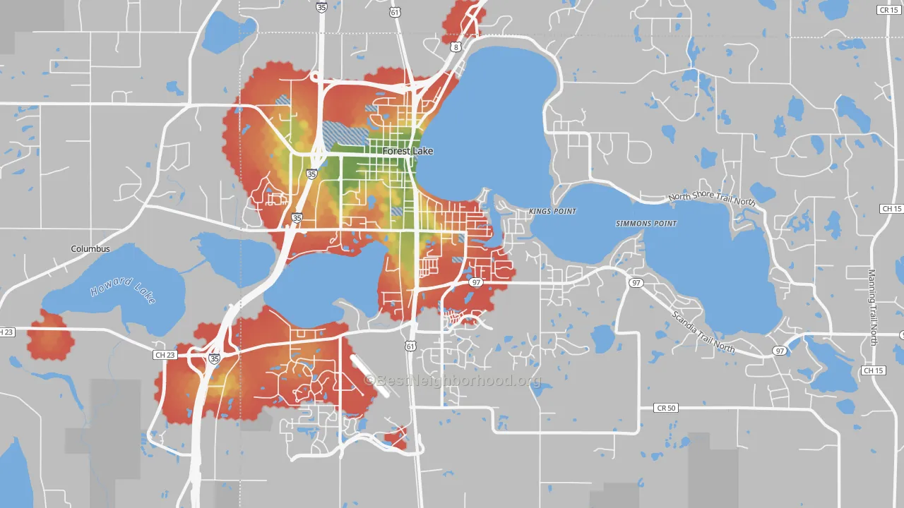 Walk Grade map of Forest Lake, MN, walkable areas in green and car-dependent areas in red