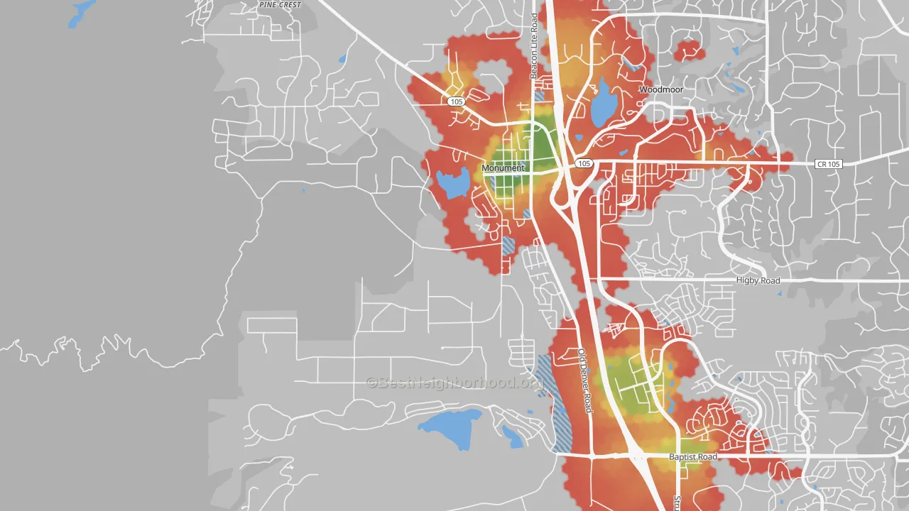 Walk Grade map of Forest Lakes, Monument, CO, walkable areas in green and car-dependent areas in red