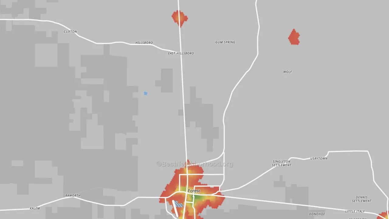Walk Grade map of Forest, MS, walkable areas in green and car-dependent areas in red