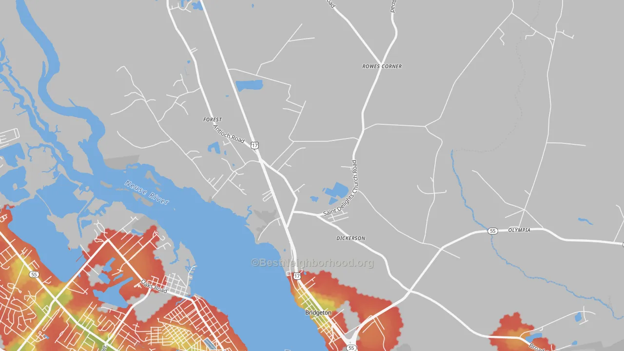 Walk Grade map of Forest, NC, walkable areas in green and car-dependent areas in red