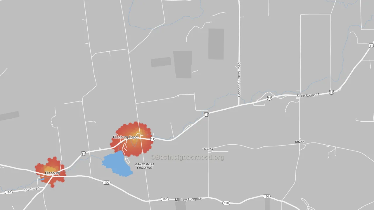 Walk Grade map of Forest, NY, walkable areas in green and car-dependent areas in red