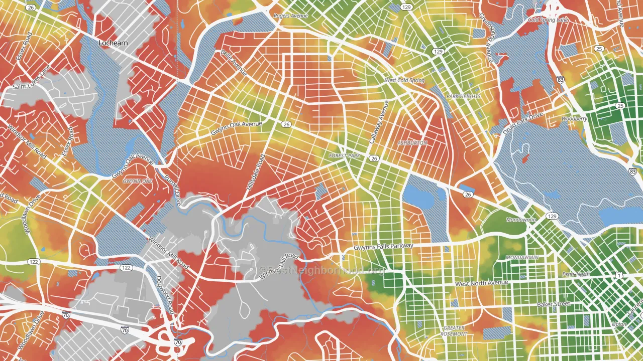 Walk Grade map of Forest Park, Baltimore, MD, walkable areas in green and car-dependent areas in red