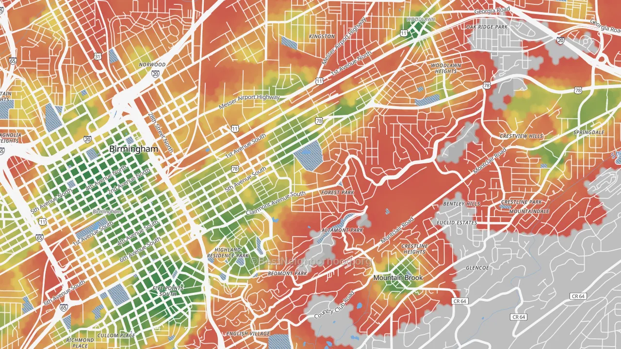 Walk Grade map of Forest Park, Birmingham, AL, walkable areas in green and car-dependent areas in red