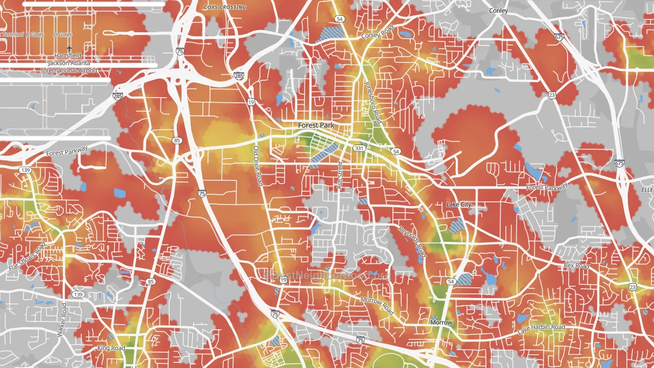 Walk Grade map of Forest Park, GA, walkable areas in green and car-dependent areas in red