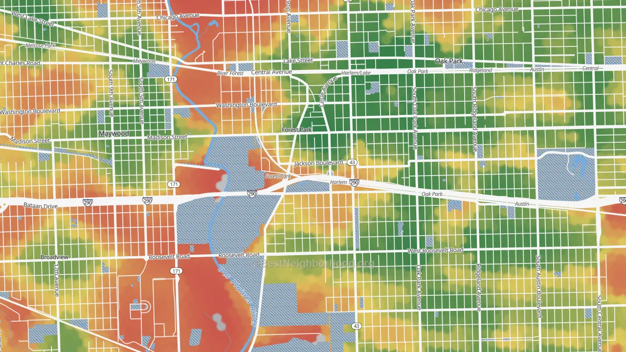 Walk Grade map of Forest Park, IL, walkable areas in green and car-dependent areas in red