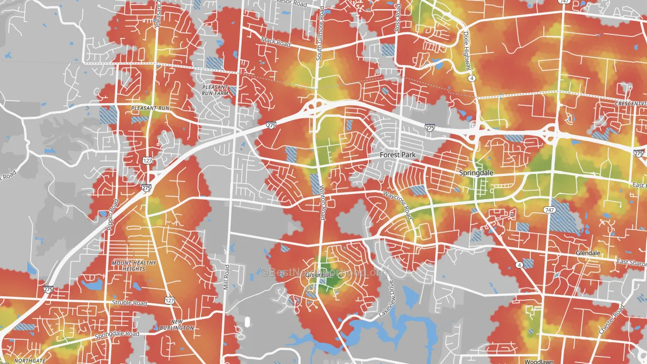 Walk Grade map of Forest Park, OH, walkable areas in green and car-dependent areas in red
