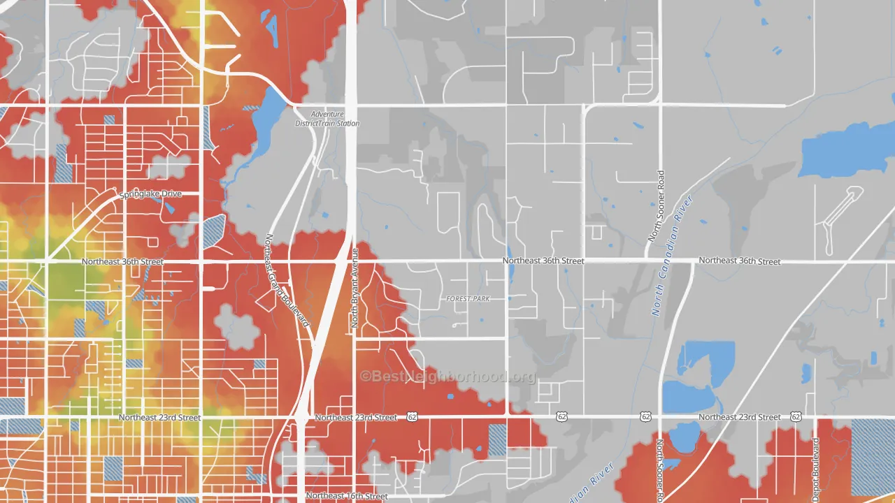Walk Grade map of Forest Park, OK, walkable areas in green and car-dependent areas in red